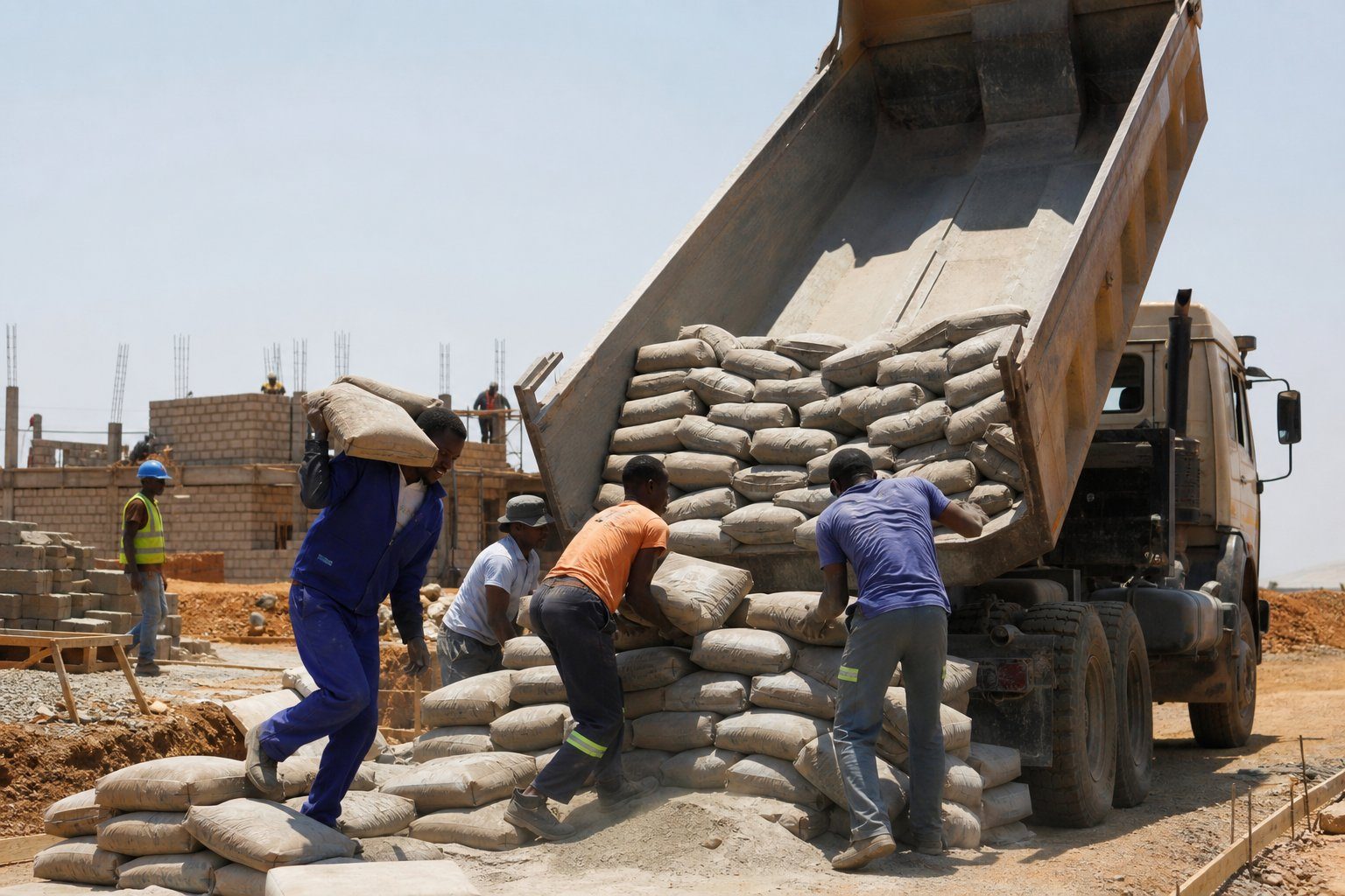 Tipper truck delivering cement bags to a building site